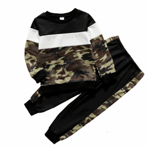 2 piece kid boy camouflage print colorblock sweatshirt and pants set