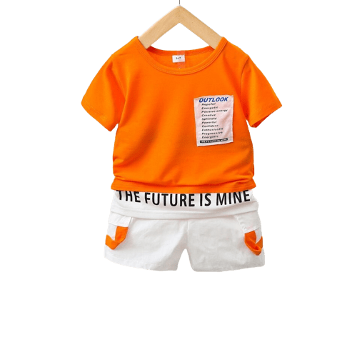 2pcs kid boy letter print patchwork short sleeve orange tee and cargo shorts set