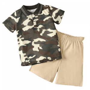 2pcs kid boy camouflage print short sleeve pique polo shirt and shorts set