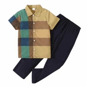 2pcs kid boy colorblock plaid lapel collar short sleeve shirt and elasticized dark blue pants set
