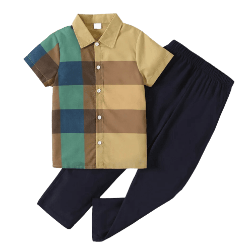 2pcs kid boy colorblock plaid lapel collar short sleeve shirt and elasticized dark blue pants set