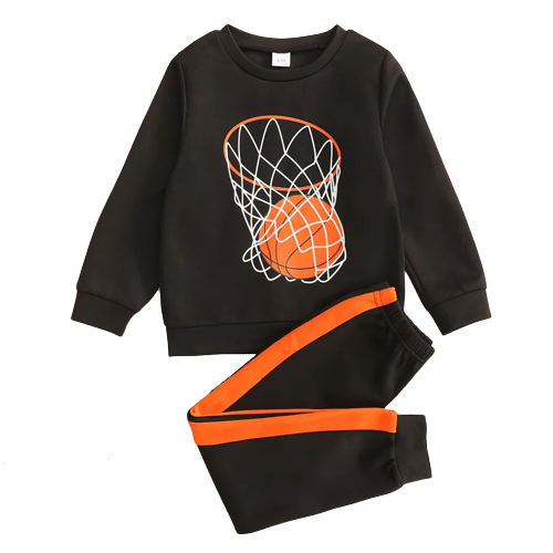 2 piece kid boy ball print pullover sweatshirt and colorblock pants set