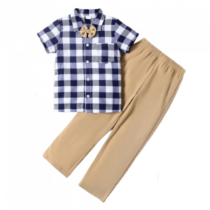 2pcs kid boy preppy style bow tie design lapel collar plaid shirt and khaki pants set