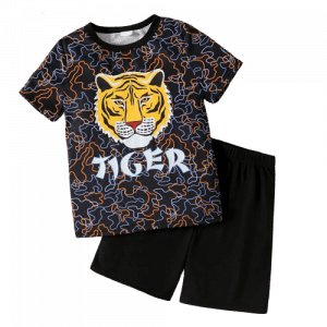 2pcs kid boy letter tiger print short sleeve tee and elasticized black shorts set