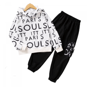 2pcs kid boy letter print hooded sweatshirt and pocket design black pants set