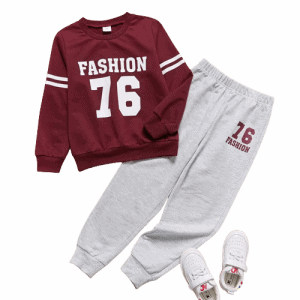2 piece kid boy letter number print brick red pullover and grey pants set
