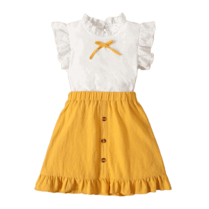 2pcs kid girl ruffle collar bowknot design hollow out flutter sleeve white top and ruffled button design skirt set