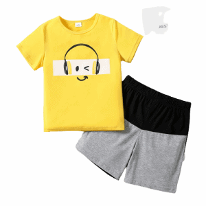 2 piece kid boy face emojis print short sleeve yellow tee and colorblock shorts set