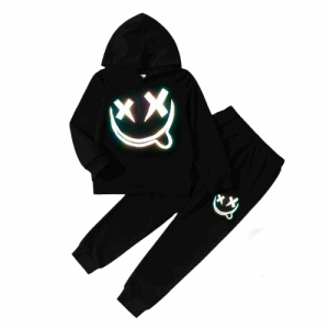 2pcs kid boy reflective face graphic print black hoodie sweatshirt and pants set