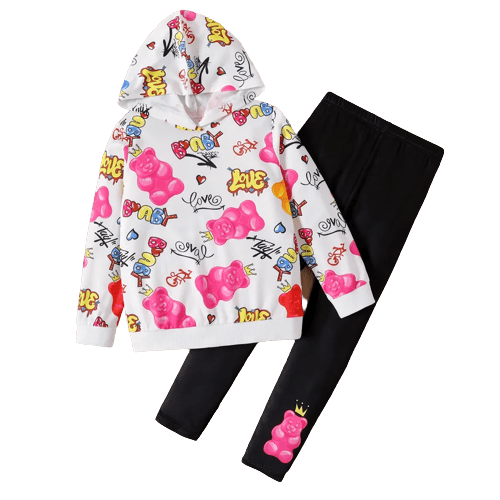 2pcs kid girl animal bear print hoodie sweatshirt and leggings set