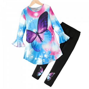 pretty 2pcs kid girl gradient butterfly print long sleeve top and leggings set