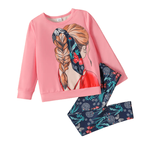 2pcs kid girl figure print pink sweatshirt and floral print leggings set
