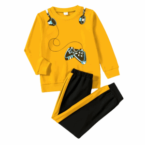 2 piece kid boy game console print pullover sweatshirt and colorblock pants set