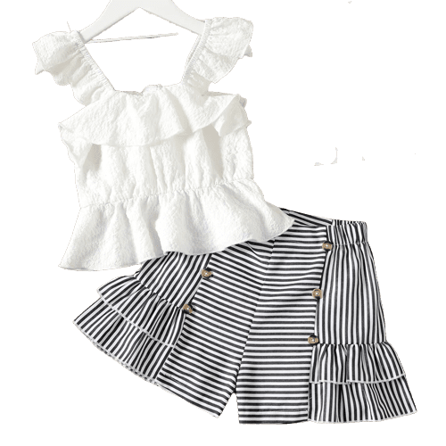 2pcs kid girl ruffled textured white camisole and stripe layered shorts set