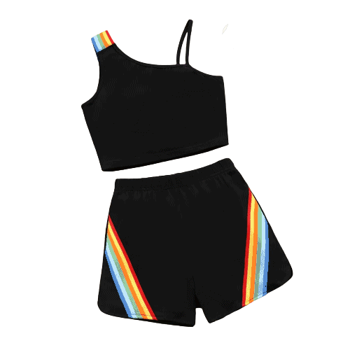 2pcs kid girl rainbow striped webbing design cotton tank top and shorts set