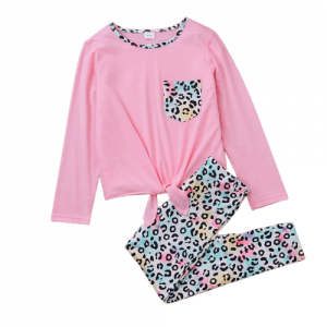 2pcs kid girl pocket design tie knot long sleeve tee and leopard print leggings set