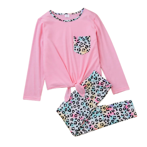 2pcs kid girl pocket design tie knot long sleeve tee and leopard print leggings set