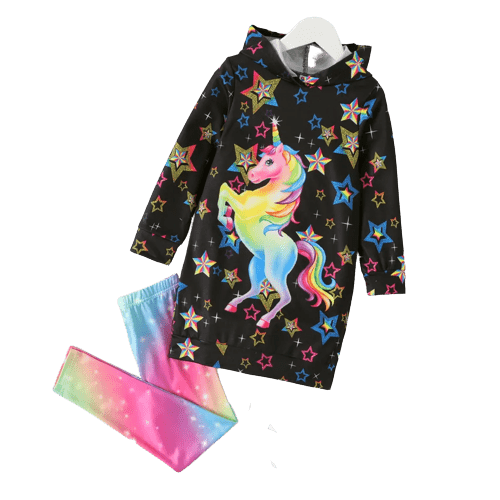2pcs kid girl colorful unicorn star print hooded sweatshirt and tie dyed leggings set