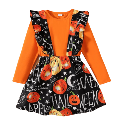 2pcs kid girl halloween long sleeve orange tee and pumpkin print ruffled suspender skirt set