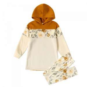 2 piece kid girl floral print colorblock hoodie sweatshirt and elasticized pants set