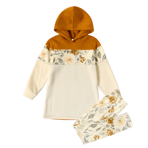 2-piece Kid Floral Print Colorblock Hoodie Sweatshirt and Elasticized Pants Set