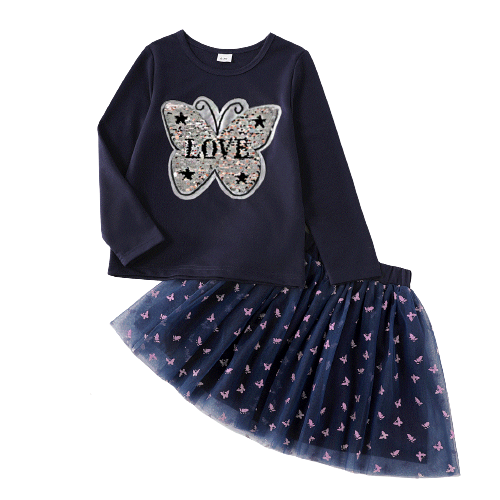 2 piece kid girl letter butterfly pattern flip sequined long sleeve top and mesh skirt set