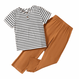 2pcs kid boy stripe button design short sleeve tee and elasticized pants set