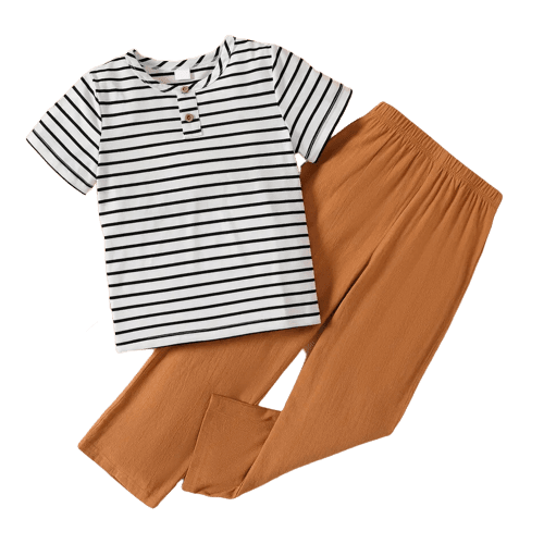 2pcs kid boy stripe button design short sleeve tee and elasticized pants set