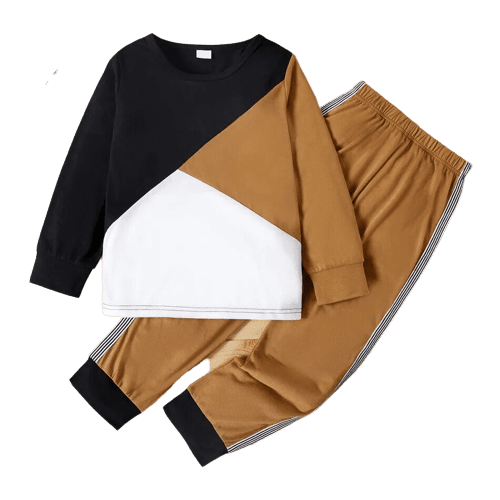 2pcs kid boy casual colorblock pullover sweatshirt and striped pants set