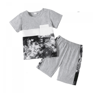 2pcs kid boy colorblock tie dyed pocket design short sleeve tee and shorts set