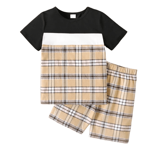 2pcs kid boy casual plaid colorblock short sleeve tee and elasticized shorts set