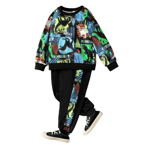 2pcs kid boy animal dinosaur print sweatshirt and pants set