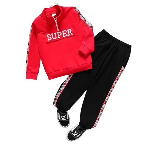 2pcs kid boy letter print zipper design red sweatshirt and elasticized pants set