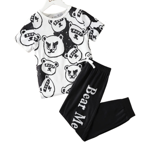 2pcs kid boy animal bear print short sleeve tee and letter print black pants set