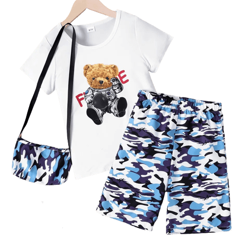 2pcs kid boy animal bear print short sleeve white tee and camouflage print shorts set