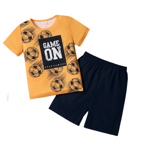 2pcs kid boy letter soccer print short sleeve tee and elasticized shorts set