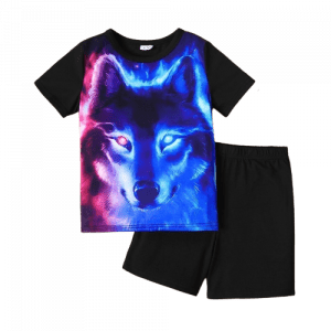 2pcs kid boy animal wolf print colorblock short sleeve tee and black shorts set