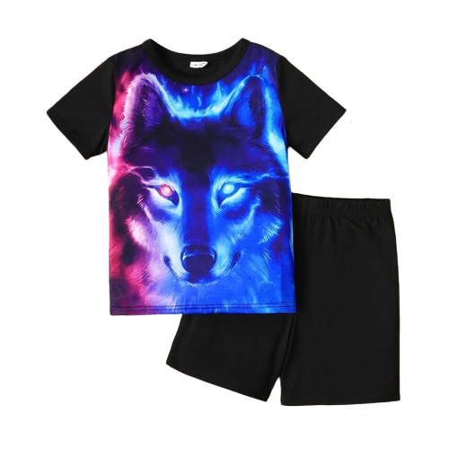 2pcs kid boy animal wolf print colorblock short sleeve tee and black shorts set
