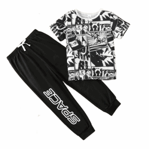 2pcs kid boy allover print short sleeve tee and letter print black pants set