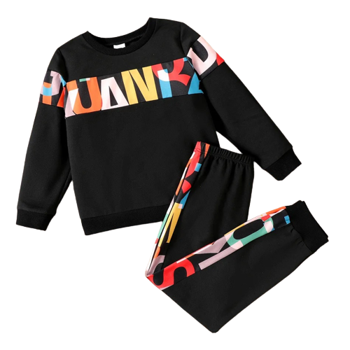 2pcs kid boy letter print colorblock pullover sweatshirt and elasticized pants set