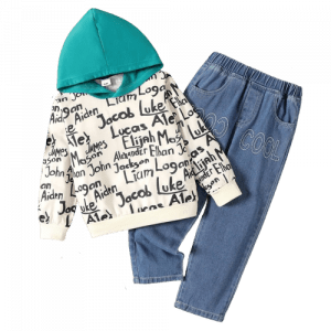 2pcs kid boy 100% cotton letter allover print hooded sweatshirt and embroidered denim jeans set