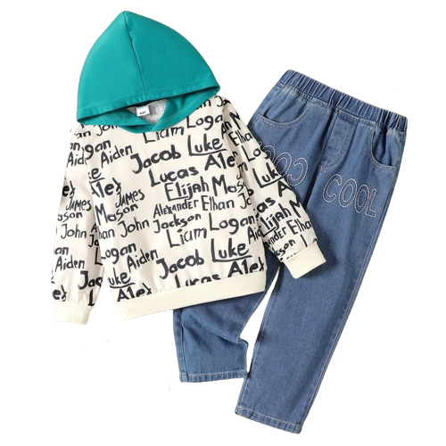 2pcs kid boy 100% cotton letter allover print hooded sweatshirt and embroidered denim jeans set