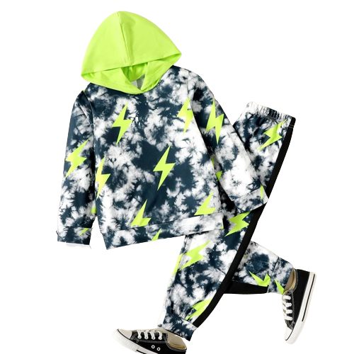 2pcs kid boy tie dyed colorblock hoodie sweatshirt and pants set