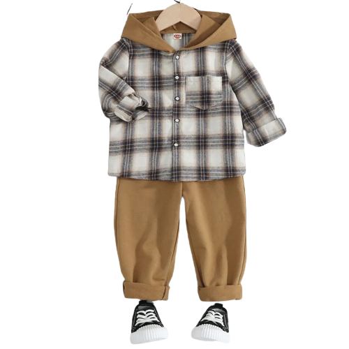 2pcs kid boy plaid hooded long sleeve shirt and elasticized pants set