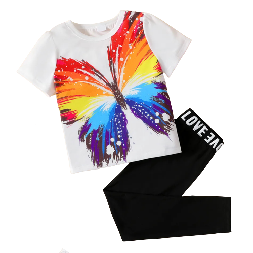 2pcs kid girl unicorn print tie dyed butterfly print short sleeve tee and letter print black leggings set