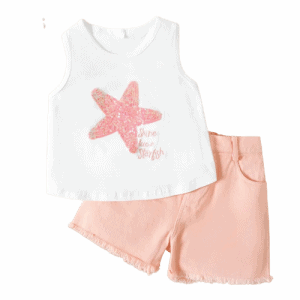 2pcs kid girl sequin starfish pattern tank top and pink design shorts set