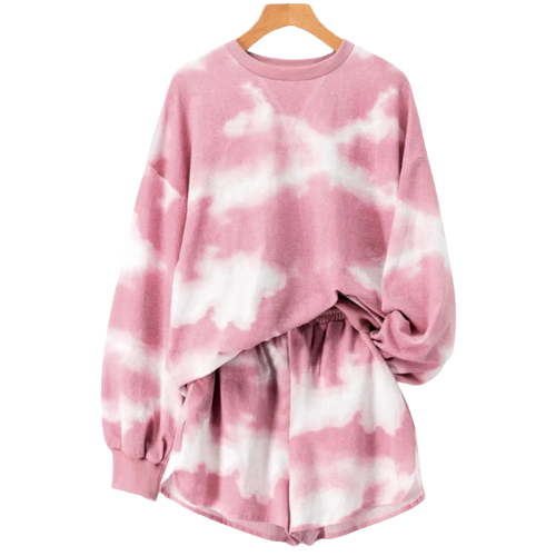 2pcs kid girl tie dyed long sleeve pink tee and elasticized shorts set