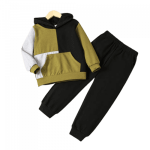 2pcs kid boy colorblock pocket design hoodie sweatshirt and black pants set