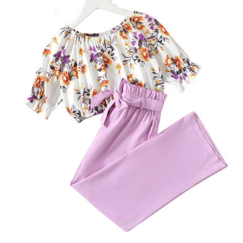 2pcs kid girl floral print short sleeve tee and purple belted wide leg pants set