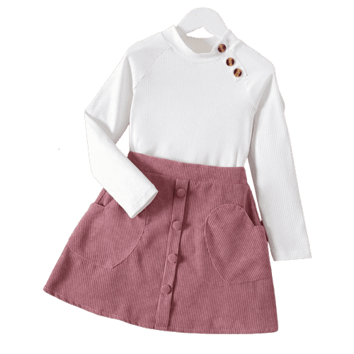 2pcs kid girl button design long sleeve white ribbed top and pocket design pink skirt set